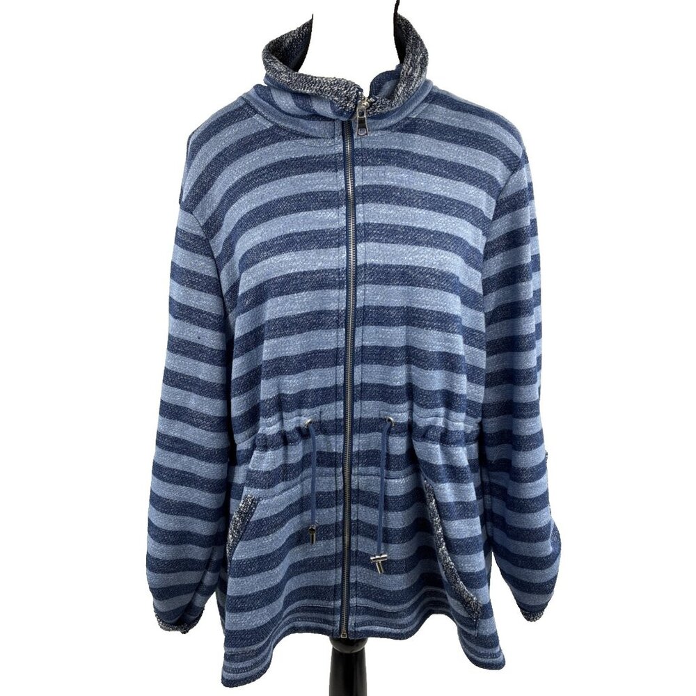Ruby Rd Petite Womens Jacket Blue Striped Zip Front Drawstring PXL
